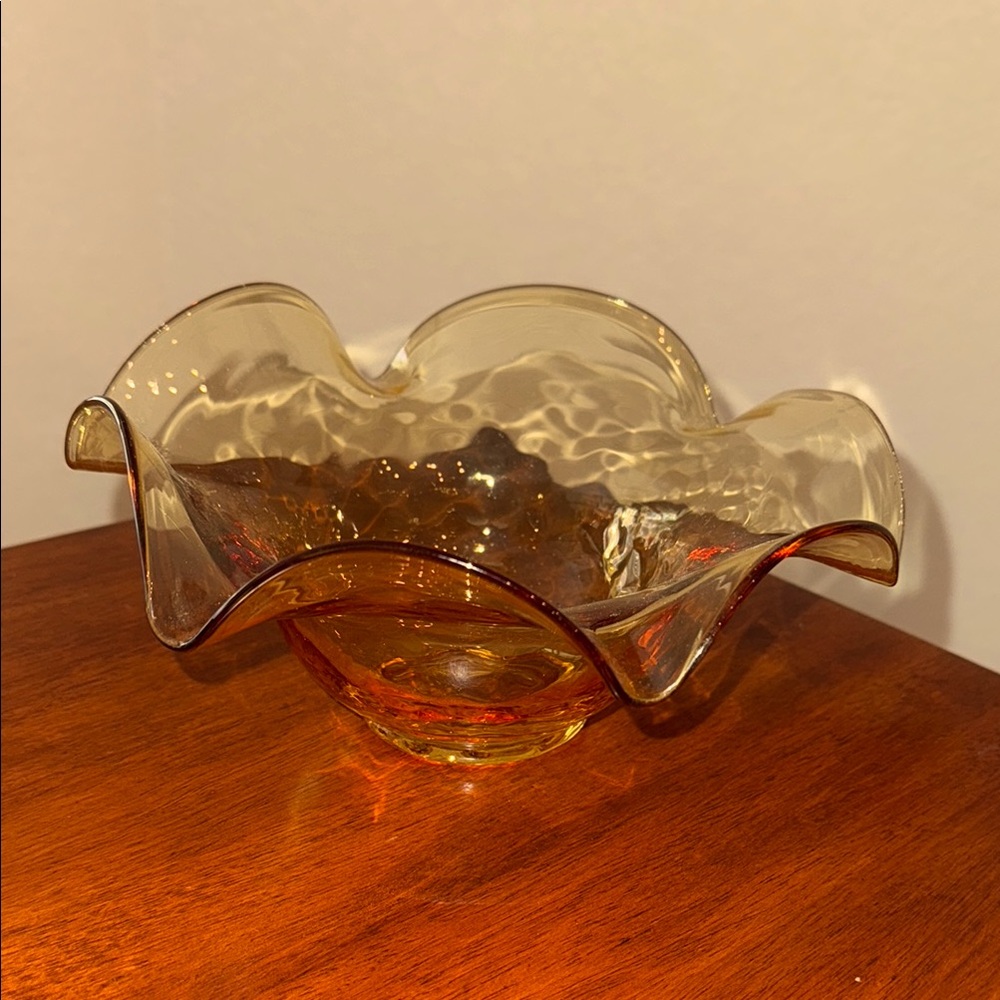 Midcentury Glass Handkerchief Bowl Viking Amber Candy/Fruit Bowl 8.5”x4.5”